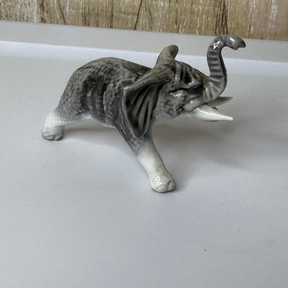 Vintage Gray Ceramic Elephant Figurine Japan Trunk‎ Up Lucky Decor Collectible